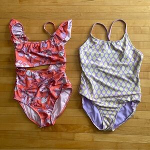 Two swimsuits - ruffle cutout and purple lemon pattern size large 10/12